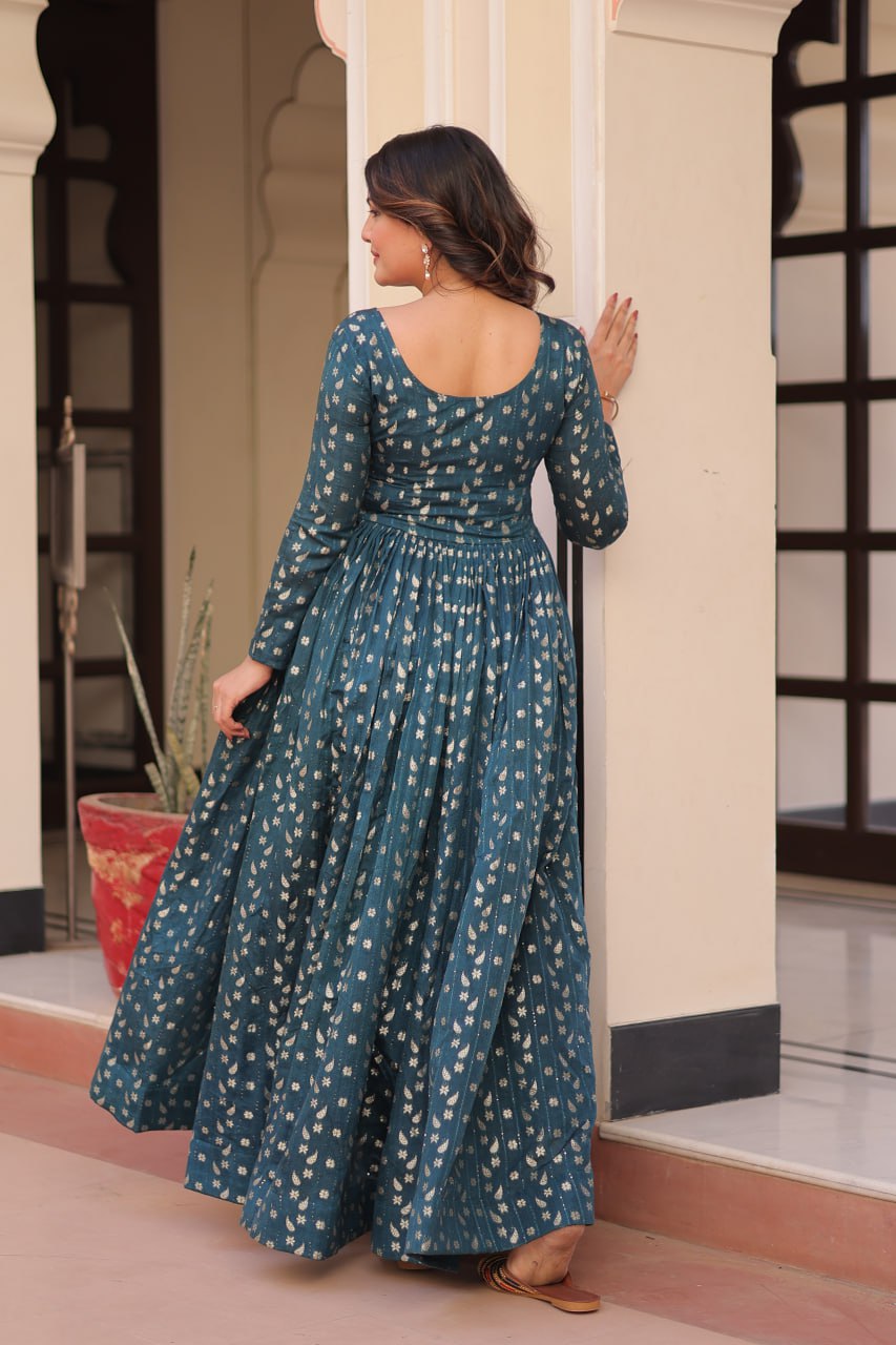 Jyoti Fashion Women's Teal Jacquard Weaving Long Designer Anarkali Set | Swadesiicart