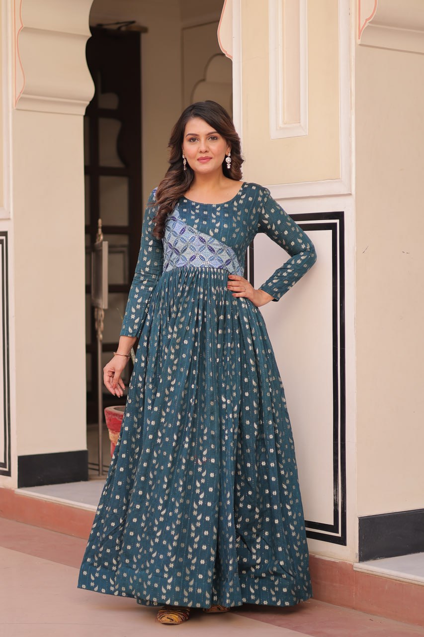 Jyoti Fashion Women's Teal Jacquard Weaving Long Designer Anarkali Set | Swadesiicart