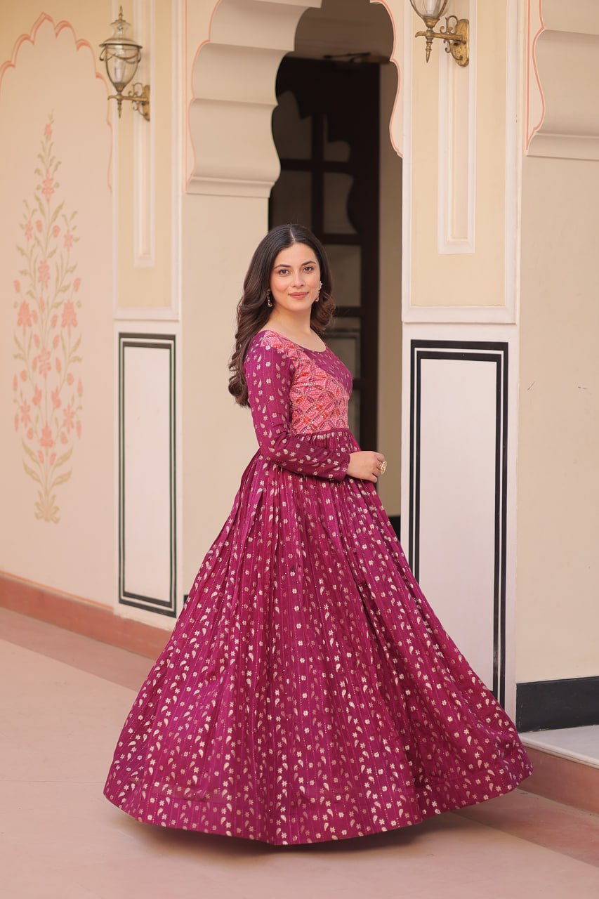 Jyoti Fashion Women's Wine Jacquard Weaving Long Designer Anarkali Set | Swadesiicart