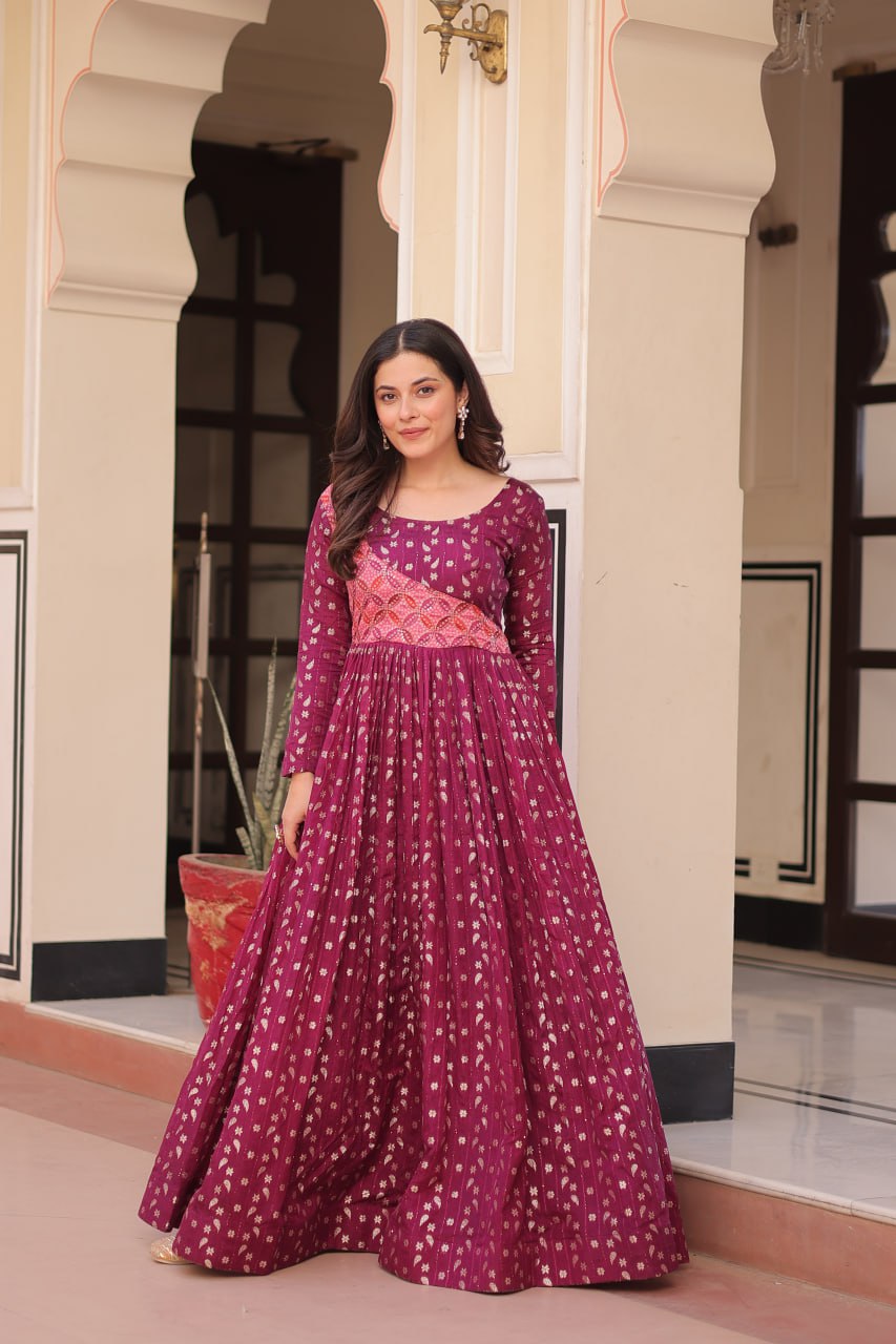 Jyoti Fashion Women's Wine Jacquard Weaving Long Designer Anarkali Set | Swadesiicart