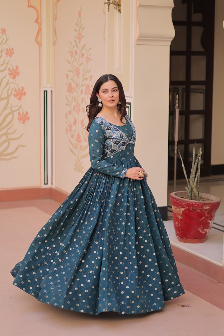 Jyoti Fashion Women's Teal Staple Jacquard Weaving Long Designer Anarkali Set | Swadesiicart