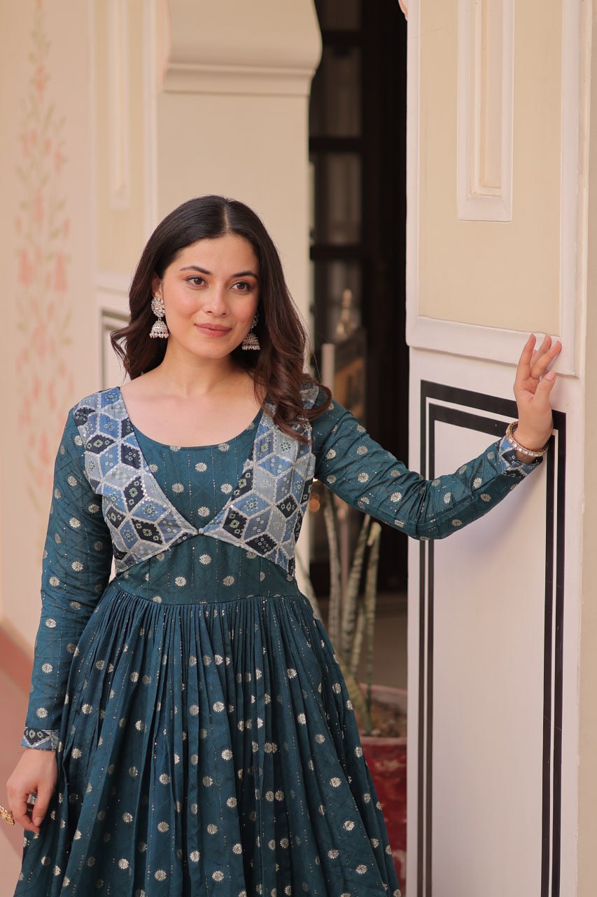 Jyoti Fashion Women's Teal Staple Jacquard Weaving Long Designer Anarkali Set | Swadesiicart