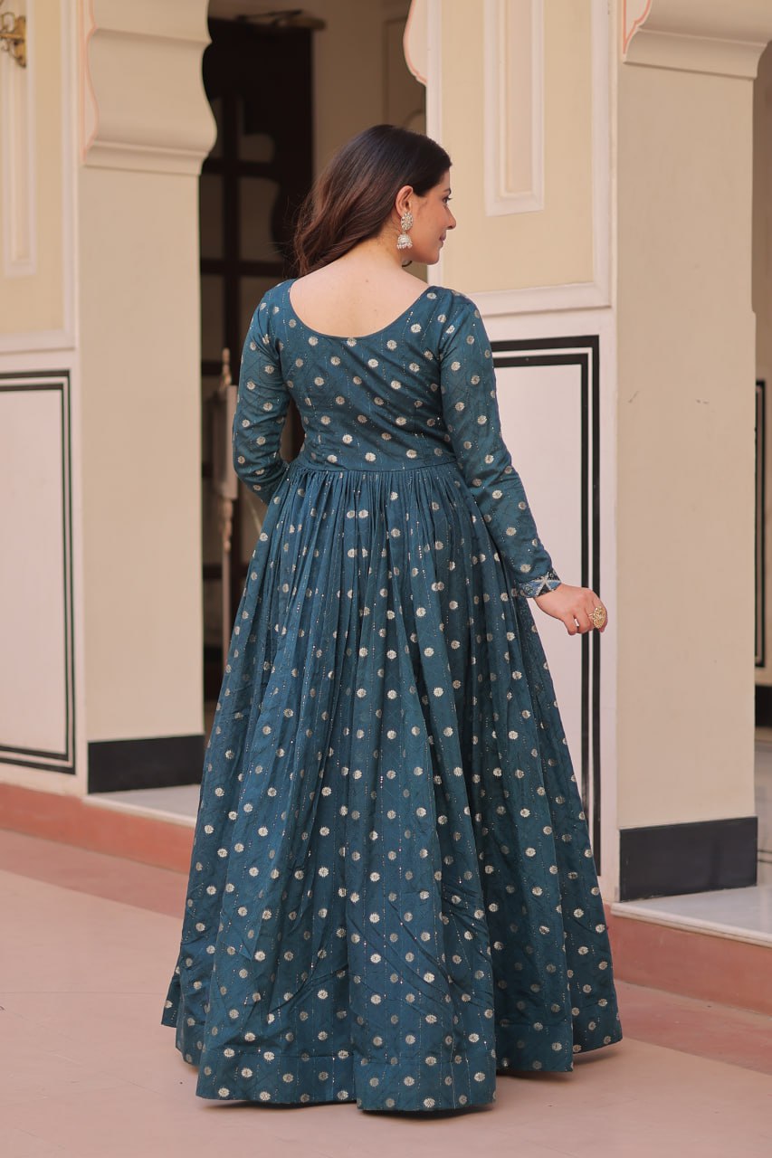 Jyoti Fashion Women's Teal Staple Jacquard Weaving Long Designer Anarkali Set | Swadesiicart