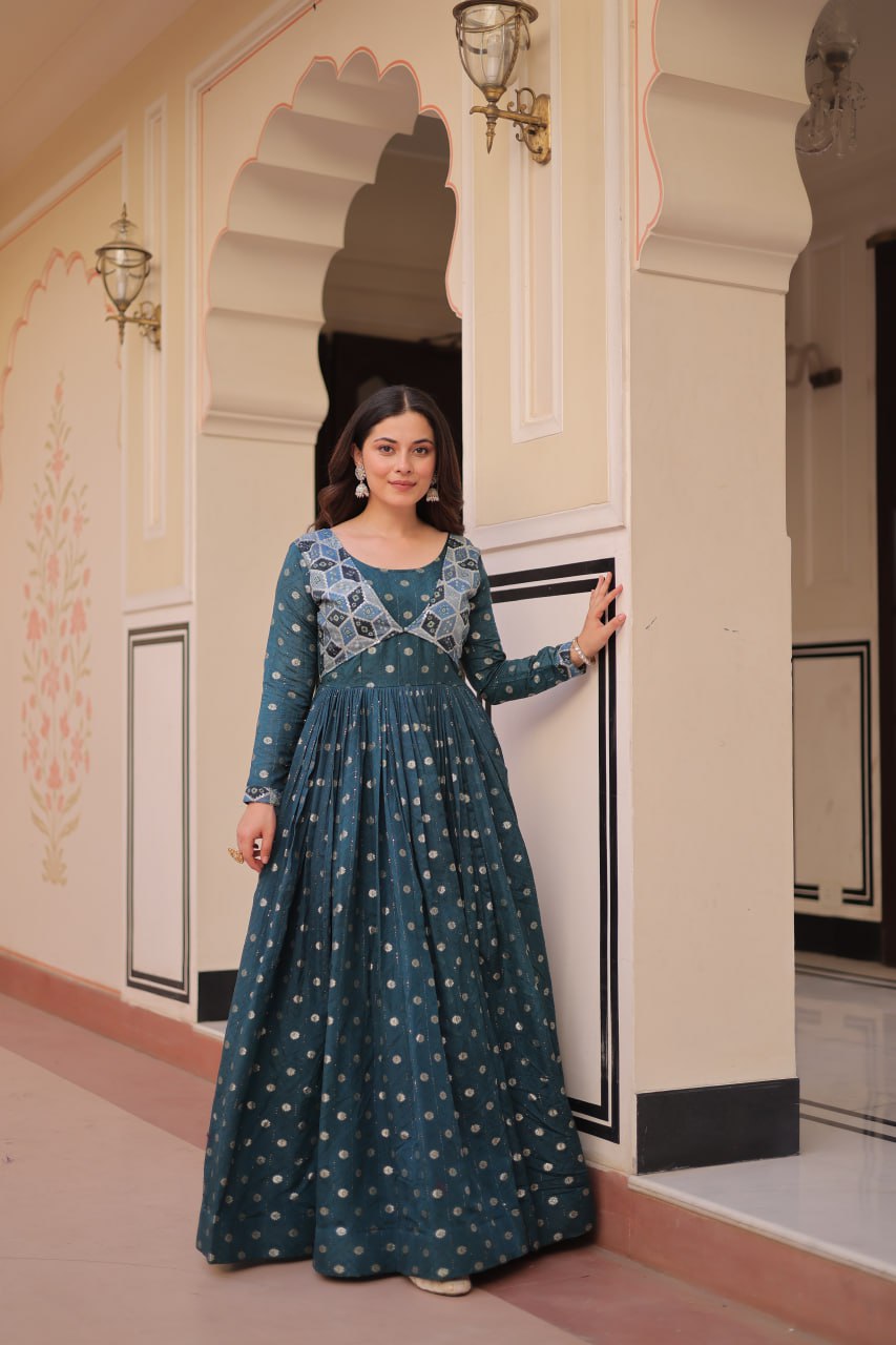 Jyoti Fashion Women's Teal Staple Jacquard Weaving Long Designer Anarkali Set | Swadesiicart