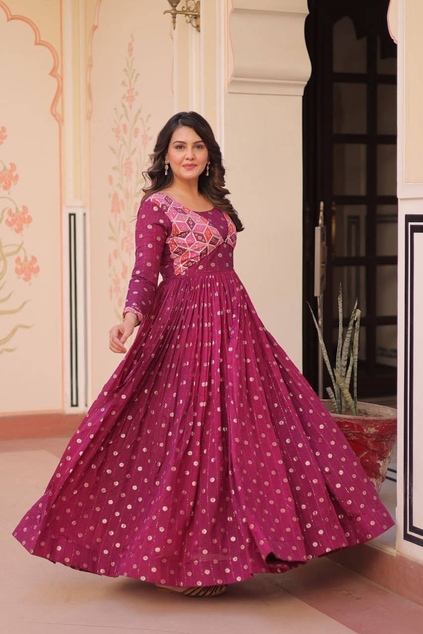 Jyoti Fashion Women's Wine Staple Jacquard Weaving Long Designer Anarkali Set | Swadesiicart