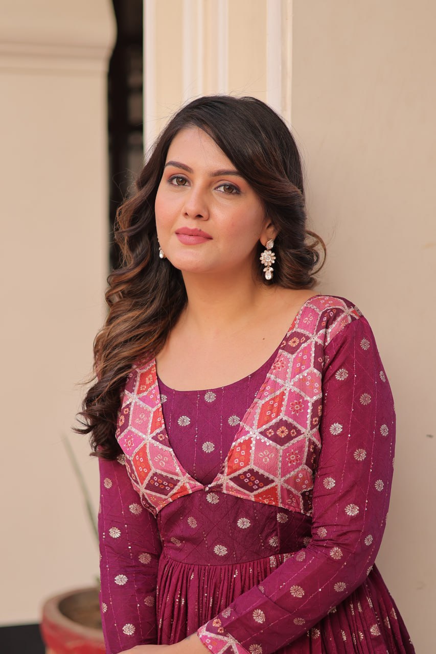 Jyoti Fashion Women's Wine Staple Jacquard Weaving Long Designer Anarkali Set | Swadesiicart