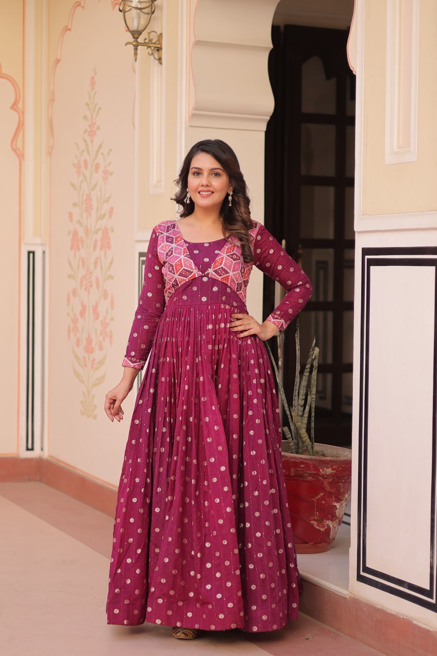 Jyoti Fashion Women's Wine Staple Jacquard Weaving Long Designer Anarkali Set | Swadesiicart