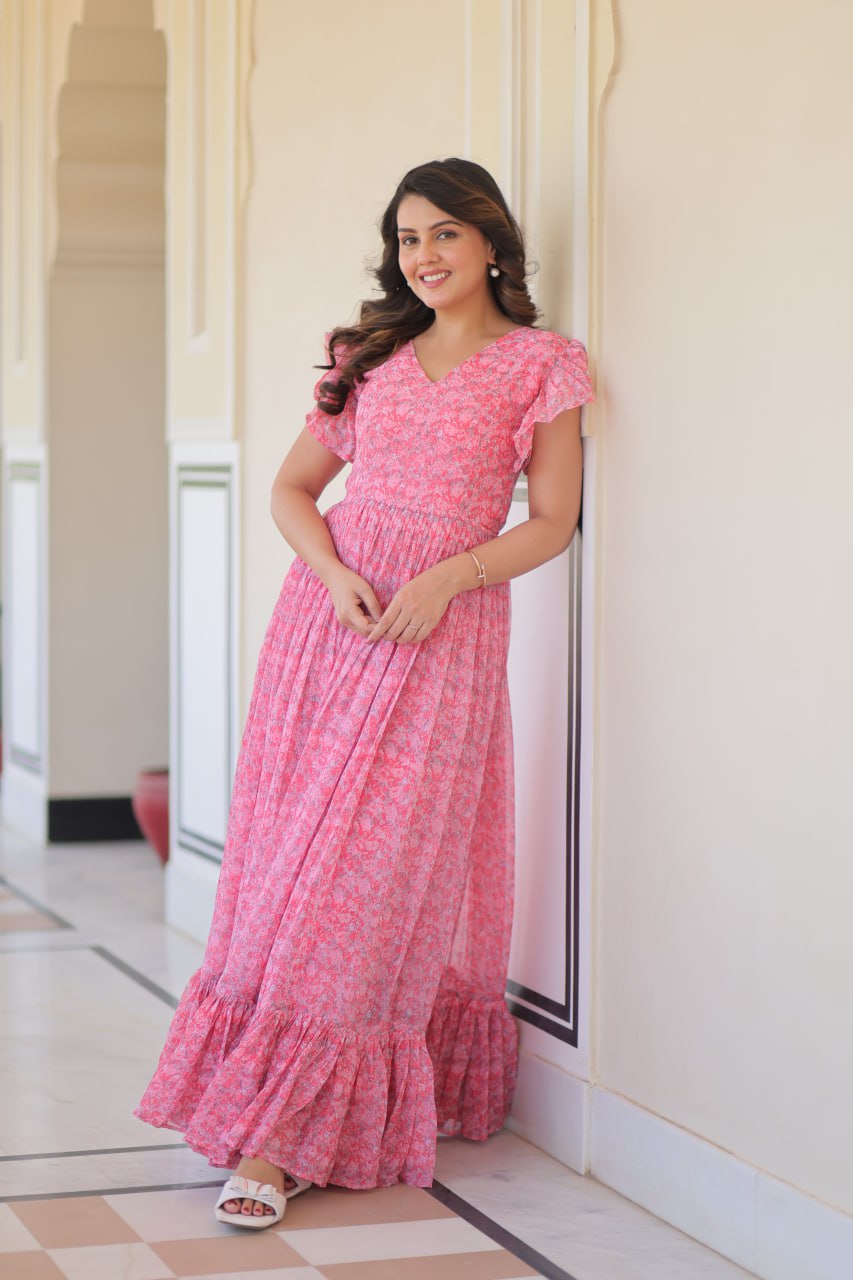 Jyoti Fashion Women's Baby Pink Faux Georgette Printed Long Designer Anarkali Set | Swadesiicart