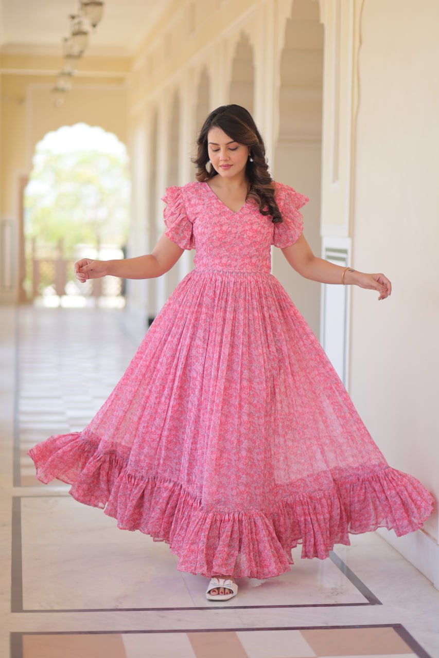Jyoti Fashion Women's Baby Pink Faux Georgette Printed Long Designer Anarkali Set | Swadesiicart