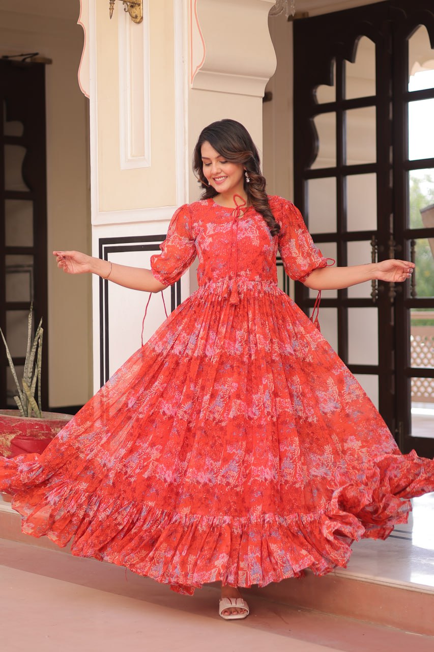 Jyoti Fashion Women's Red Faux Georgette Printed Long Designer Anarkali Set | Swadesiicart