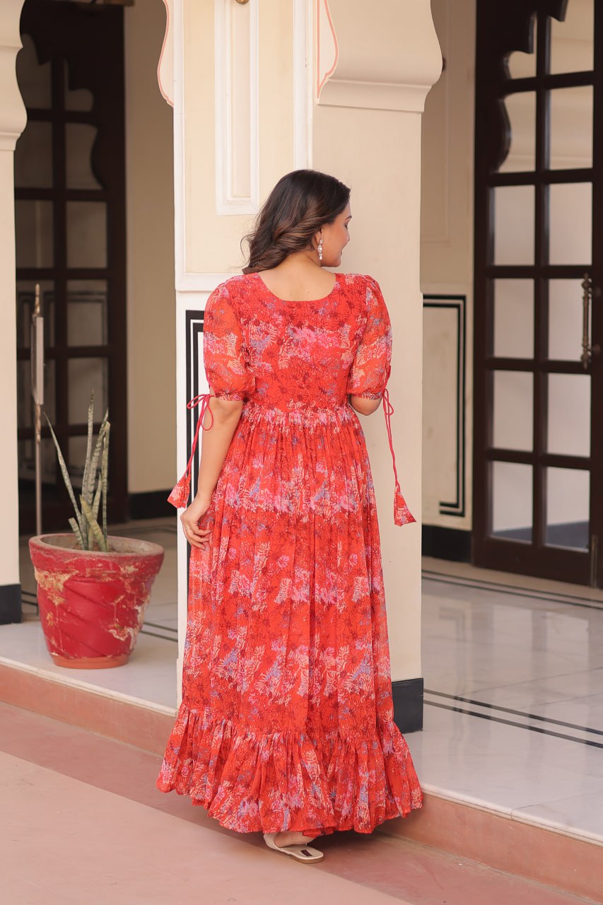 Jyoti Fashion Women's Red Faux Georgette Printed Long Designer Anarkali Set | Swadesiicart