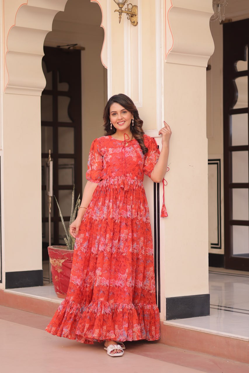 Jyoti Fashion Women's Red Faux Georgette Printed Long Designer Anarkali Set | Swadesiicart