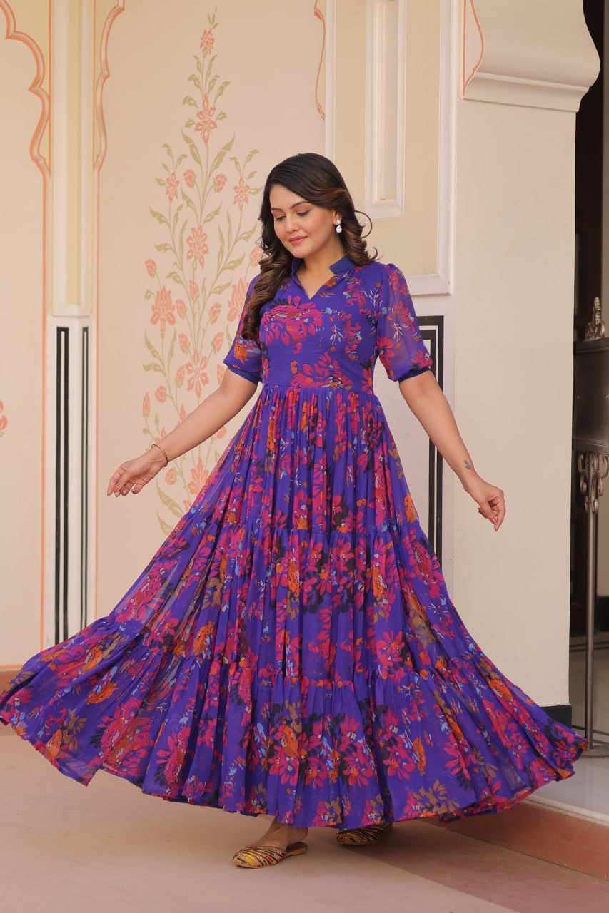 Jyoti Fashion Women's Purple Faux Georgette Printed Long Designer Anarkali Set | Swadesiicart