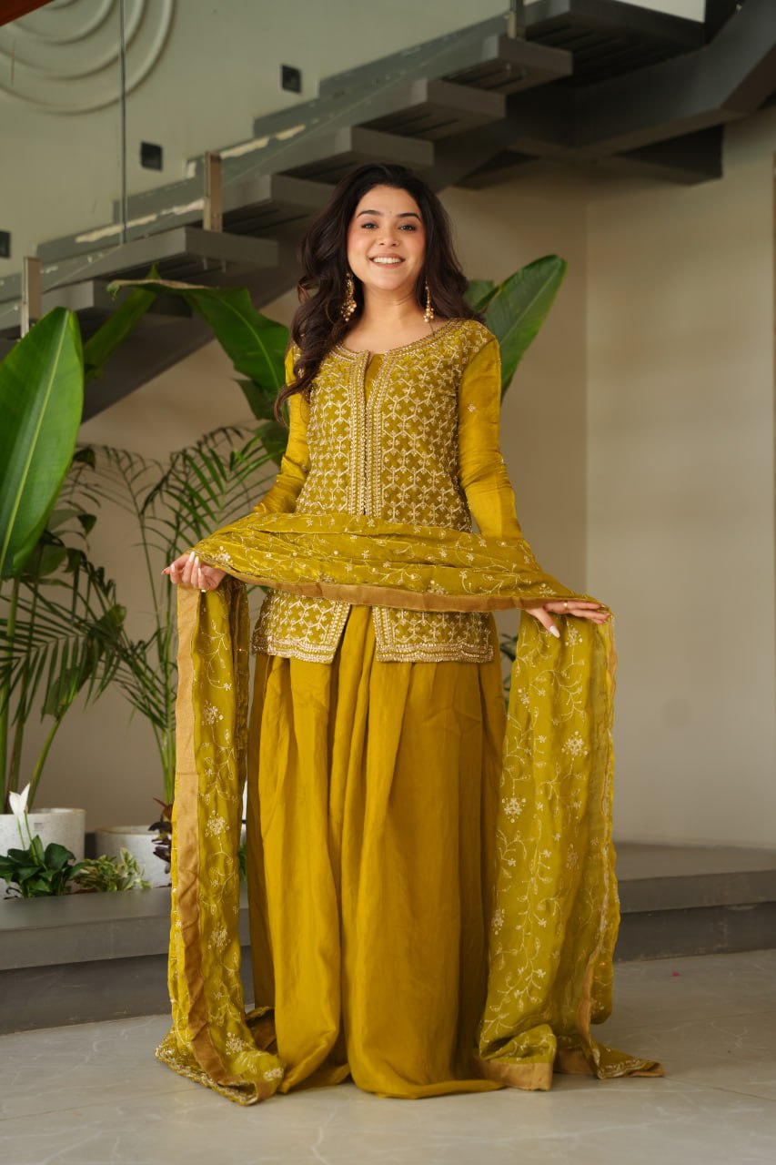 Jyoti Fashion Women's Mehendi Fendi Rich Beads Embroidered Sharara Set with Dupatta | Swadesiicart