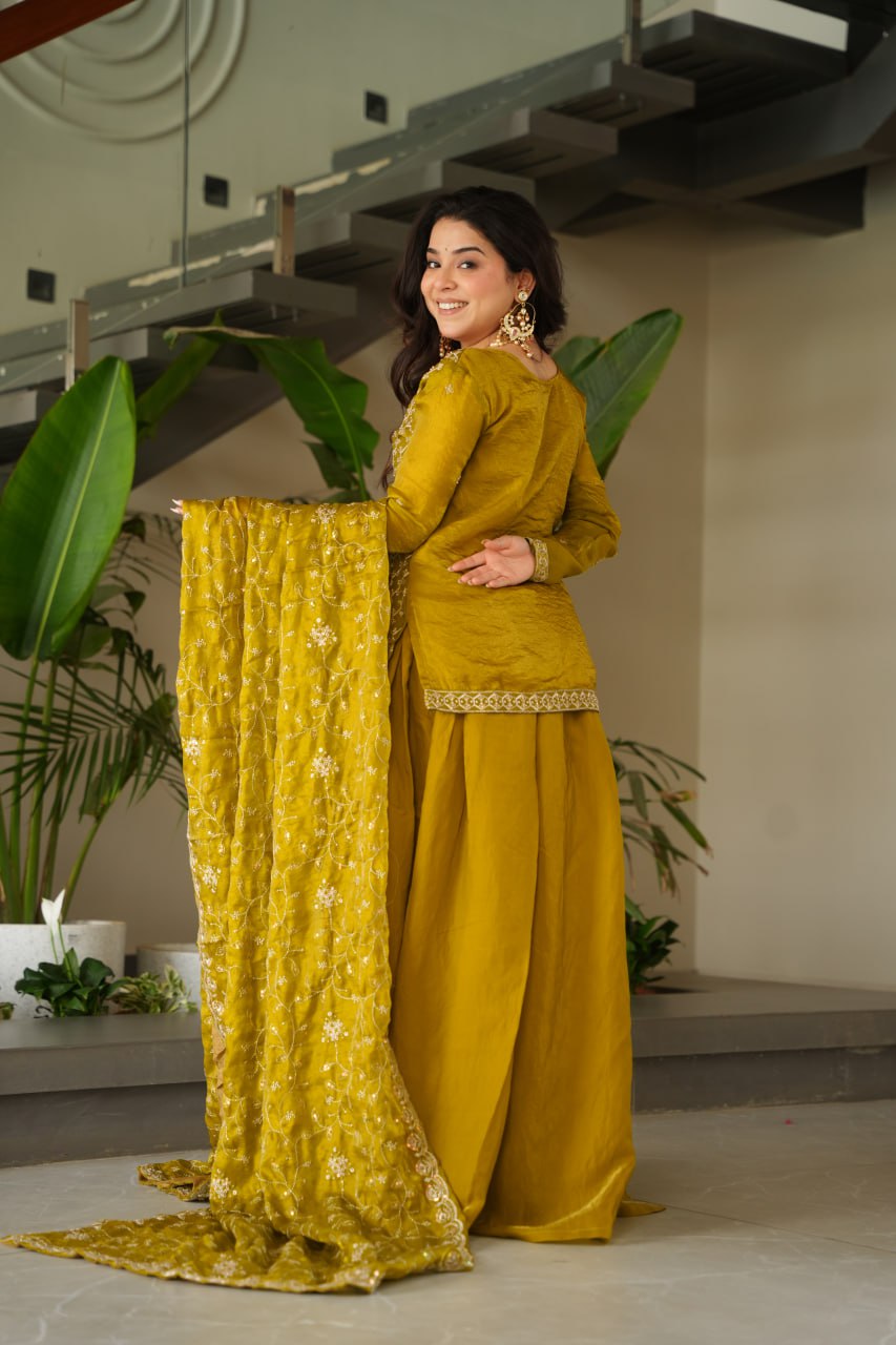 Jyoti Fashion Women's Mehendi Fendi Rich Beads Embroidered Sharara Set with Dupatta | Swadesiicart