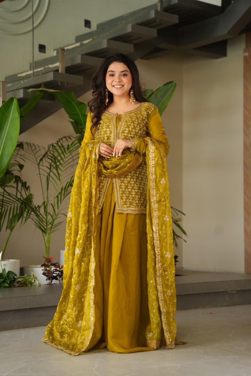 Jyoti Fashion Women's Mehendi Fendi Rich Beads Embroidered Sharara Set with Dupatta | Swadesiicart