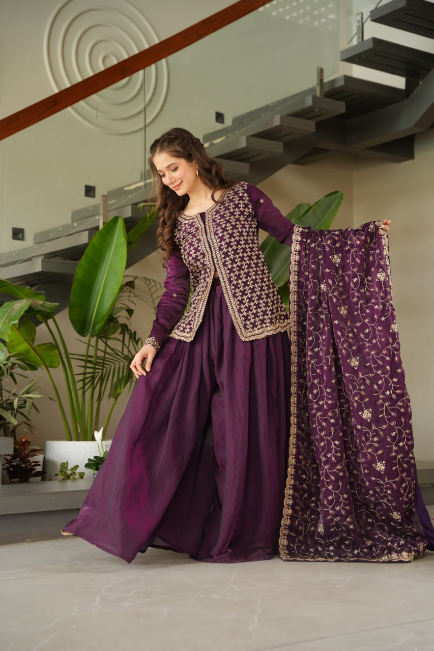Jyoti Fashion Women's Wine Fendi Rich Beads Embroidered Sharara Set with Dupatta | Swadesiicart
