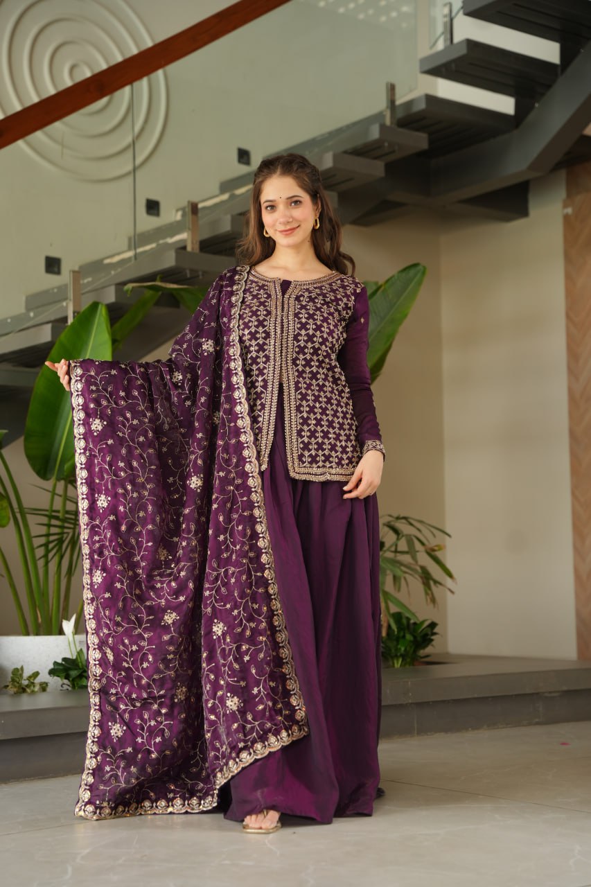Jyoti Fashion Women's Wine Fendi Rich Beads Embroidered Sharara Set with Dupatta | Swadesiicart