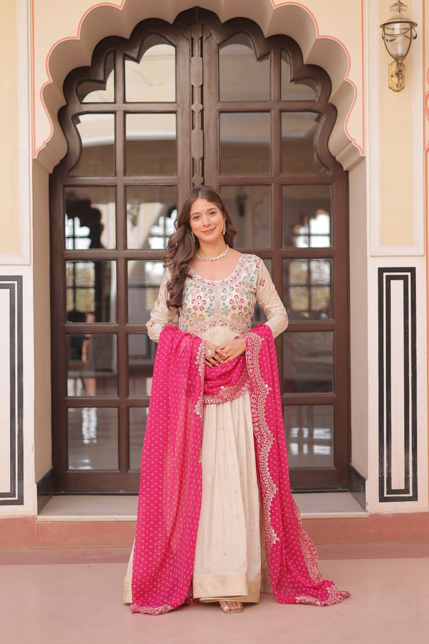 Jyoti Fashion Women's Pink Cosmos Jacquard Pearl Beads Embroidered Anarkali Set With Dupatta | Swadesiicart