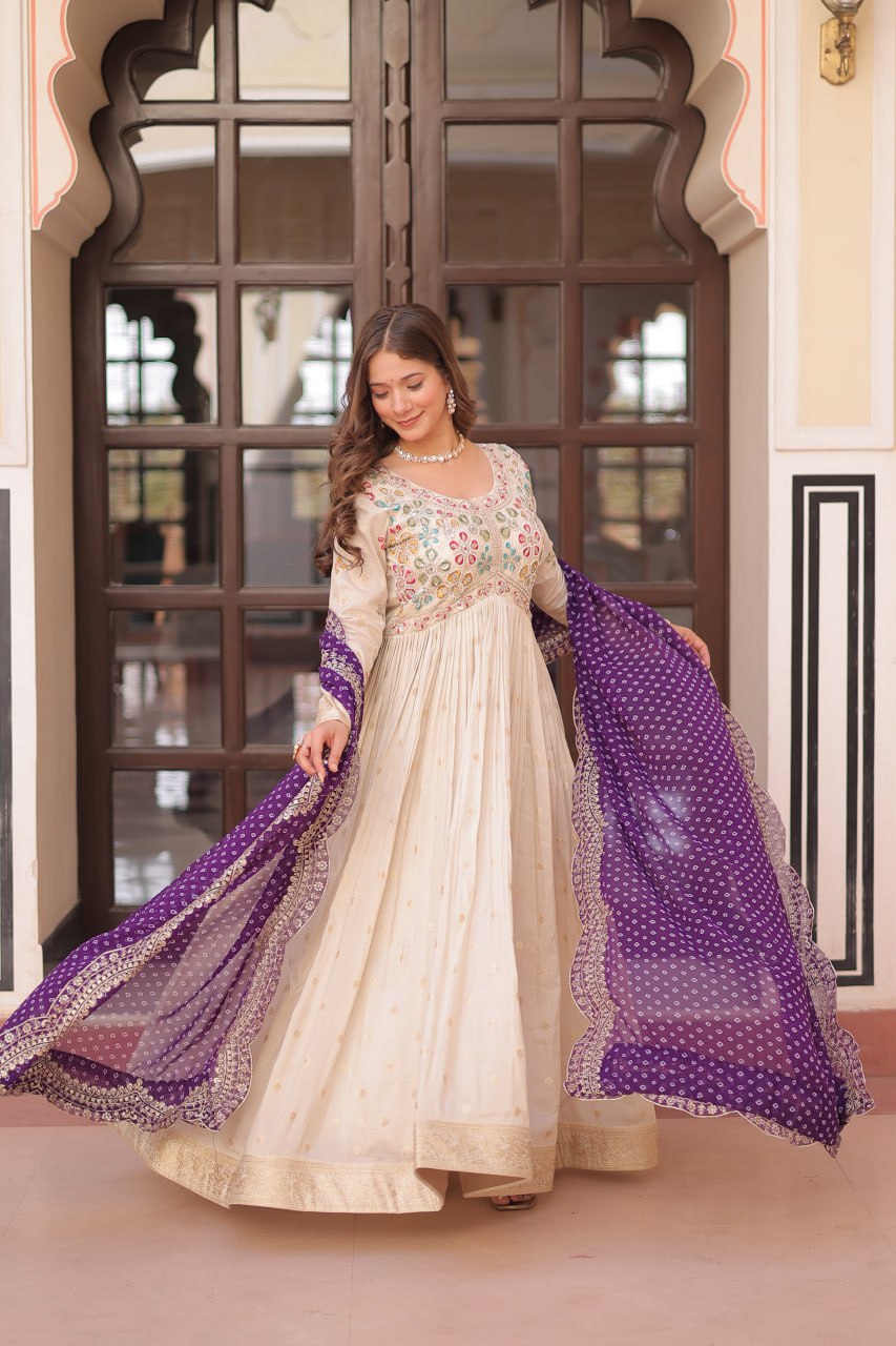 Jyoti Fashion Women's Purple Cosmos Jacquard Pearl Beads Embroidered Anarkali Set With Dupatta | Swadesiicart