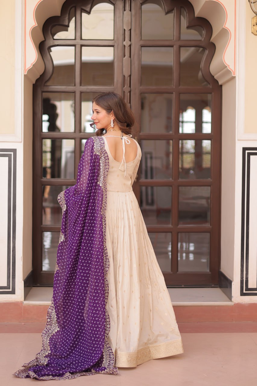 Jyoti Fashion Women's Purple Cosmos Jacquard Pearl Beads Embroidered Anarkali Set With Dupatta | Swadesiicart