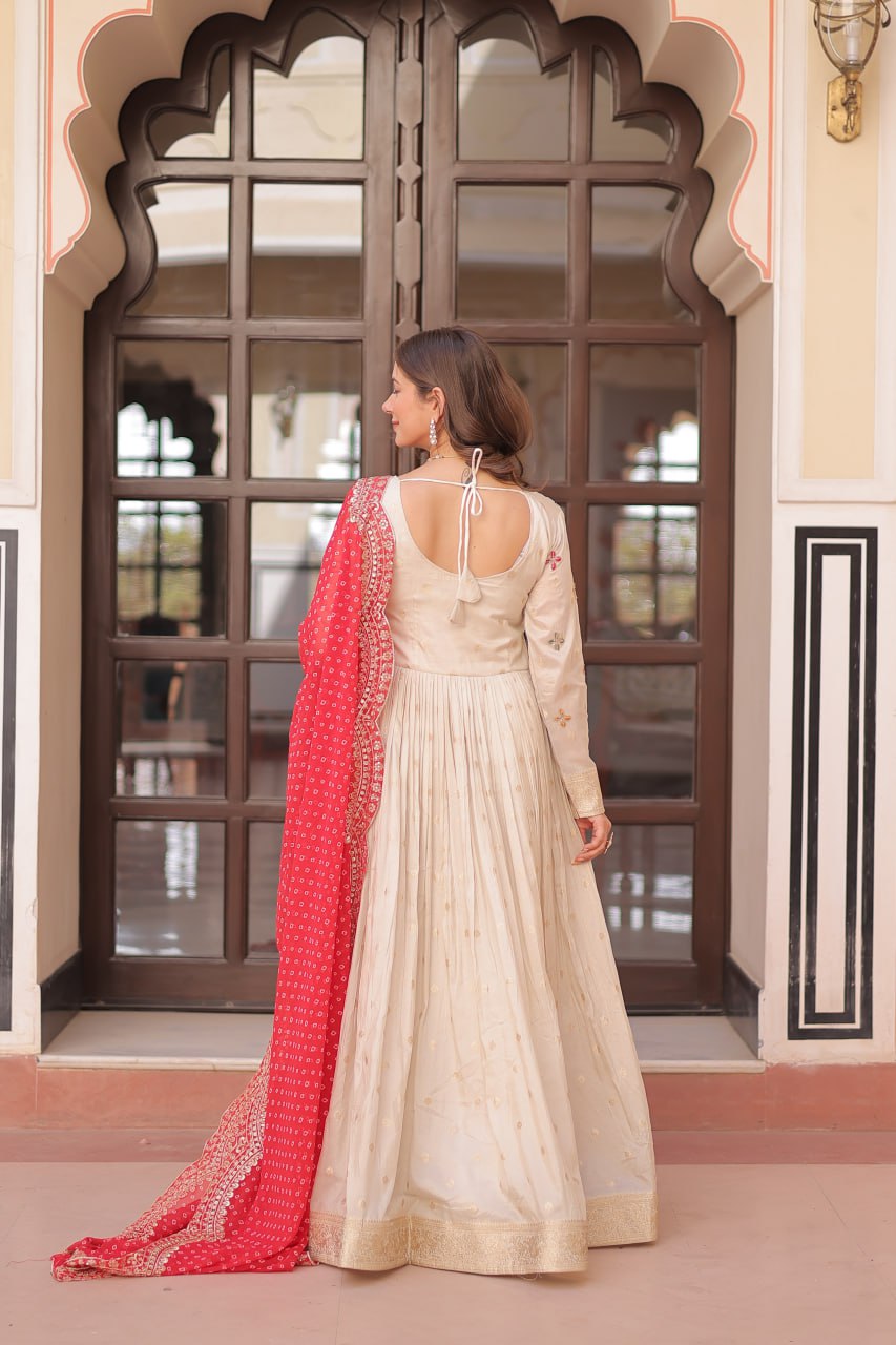 Jyoti Fashion Women's Red Cosmos Jacquard Pearl Beads Embroidered Anarkali Set With Dupatta | Swadesiicart