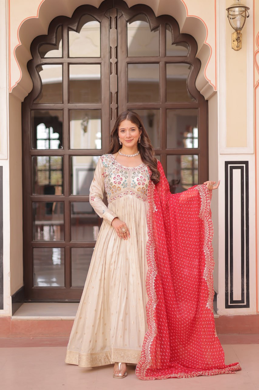 Jyoti Fashion Women's Red Cosmos Jacquard Pearl Beads Embroidered Anarkali Set With Dupatta | Swadesiicart