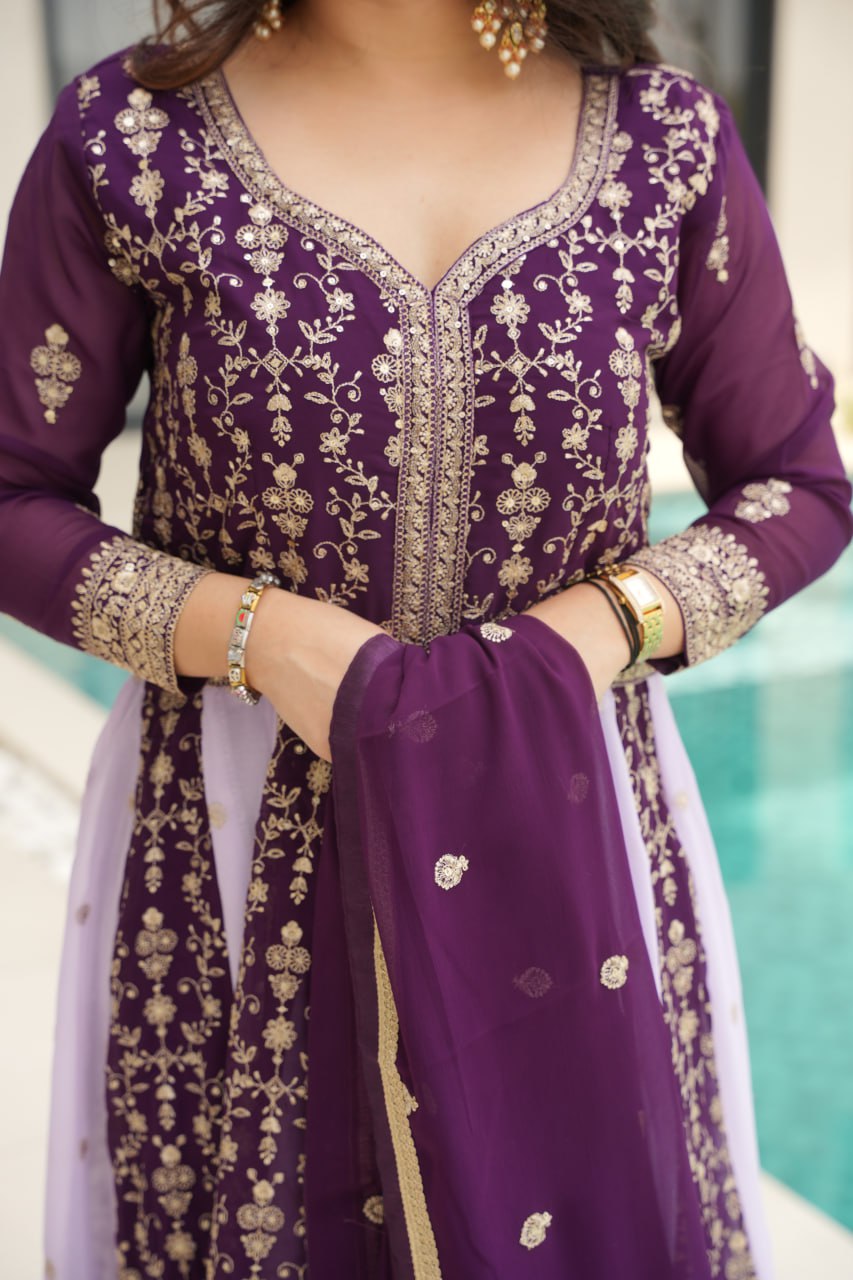 Jyoti Fashion Women's Purple Faux Blooming Zari & Sequins Embroidered Anarkali Set With Dupatta | Swadesiicart