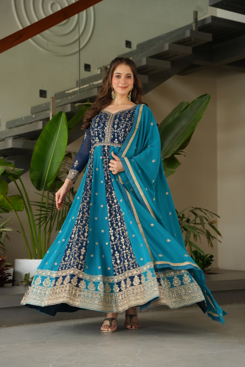 Jyoti Fashion Women's Blue Faux Blooming Zari & Sequins Embroidered Anarkali Set With Dupatta | Swadesiicart