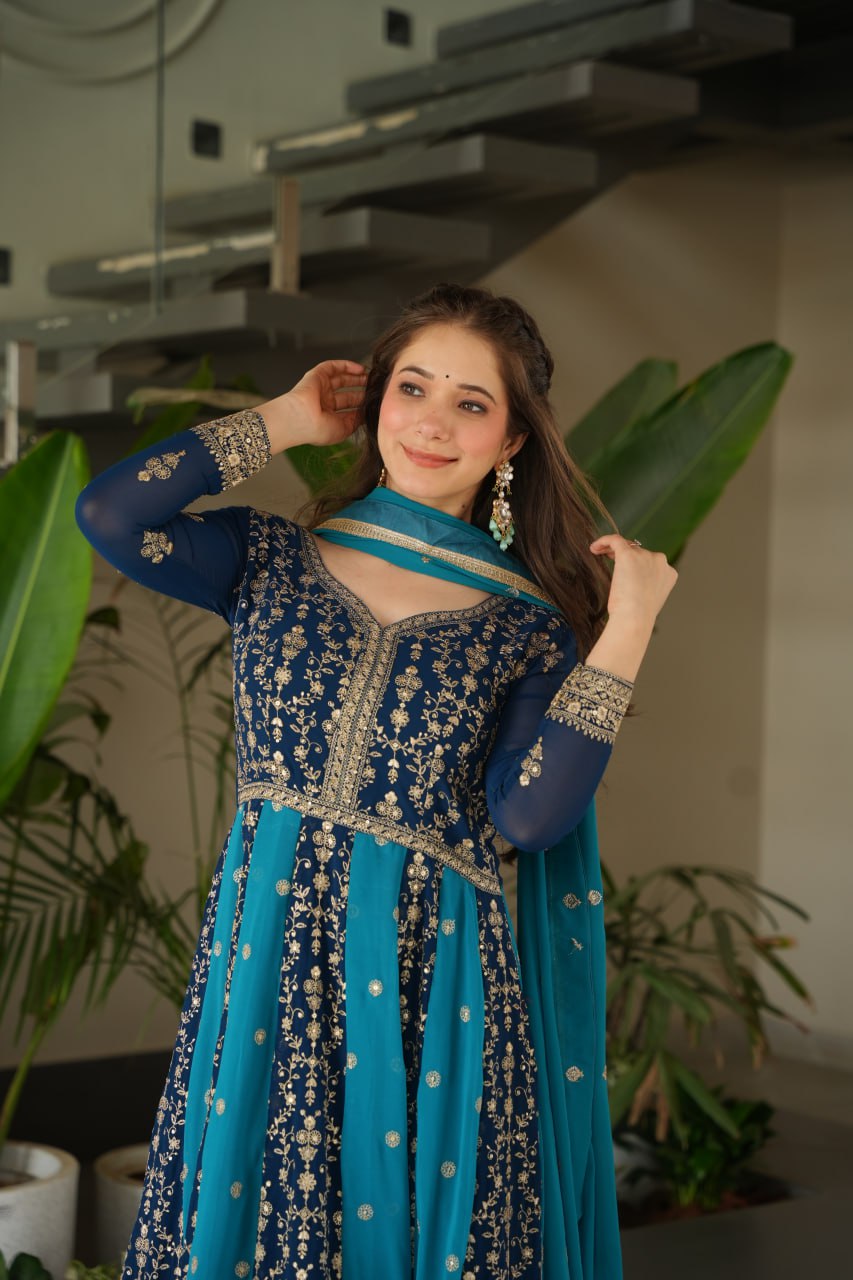 Jyoti Fashion Women's Blue Faux Blooming Zari & Sequins Embroidered Anarkali Set With Dupatta | Swadesiicart