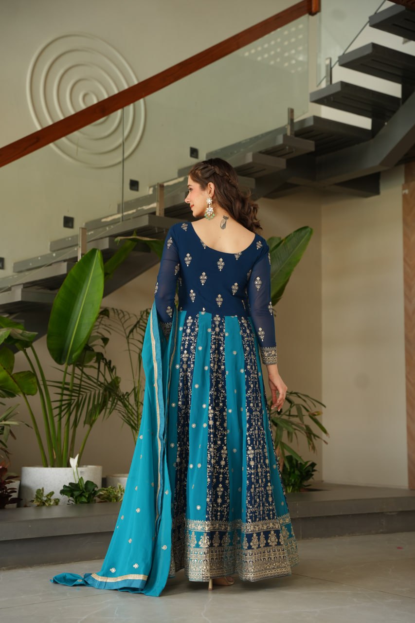 Jyoti Fashion Women's Blue Faux Blooming Zari & Sequins Embroidered Anarkali Set With Dupatta | Swadesiicart