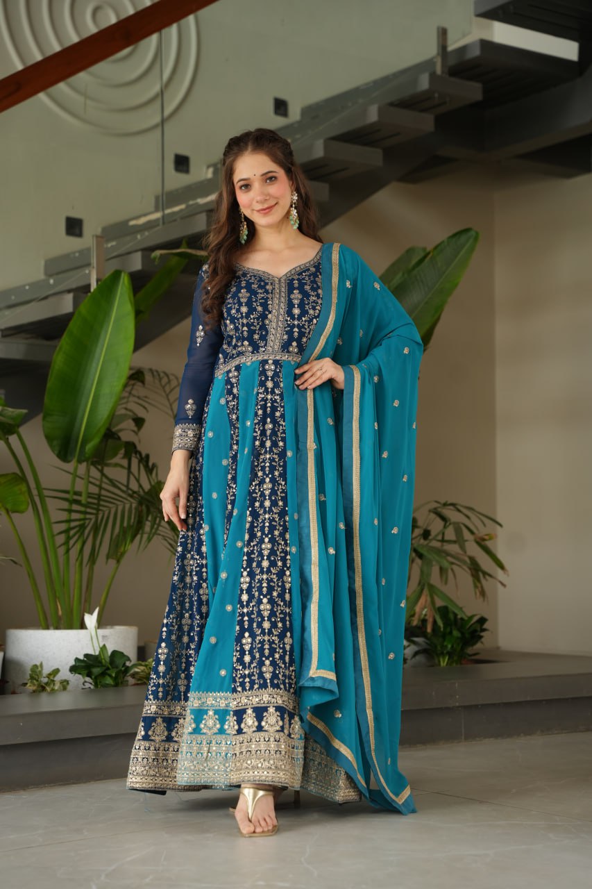 Jyoti Fashion Women's Blue Faux Blooming Zari & Sequins Embroidered Anarkali Set With Dupatta | Swadesiicart
