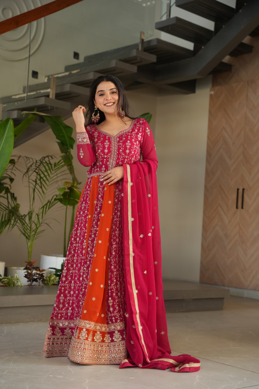Jyoti Fashion Women's Rani Pink Faux Blooming Zari & Sequins Embroidered Anarkali Set With Dupatta | Swadesiicart