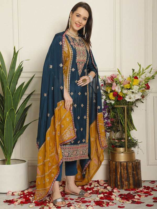 Jyoti Fashion Women's Navy Blue Chinon Chiffon Embroidered Designer Straight Suit Set | Swadesiicart