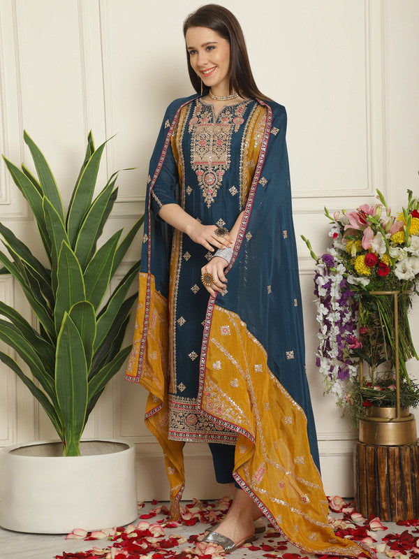 Jyoti Fashion Women's Navy Blue Chinon Chiffon Embroidered Designer Straight Suit Set | Swadesiicart