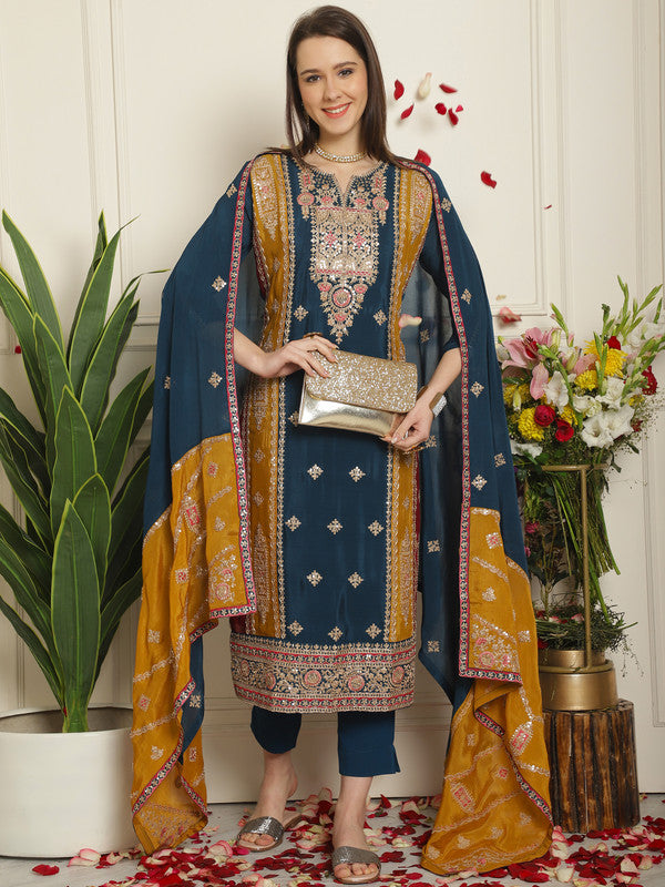 Jyoti Fashion Women's Navy Blue Chinon Chiffon Embroidered Designer Straight Suit Set | Swadesiicart