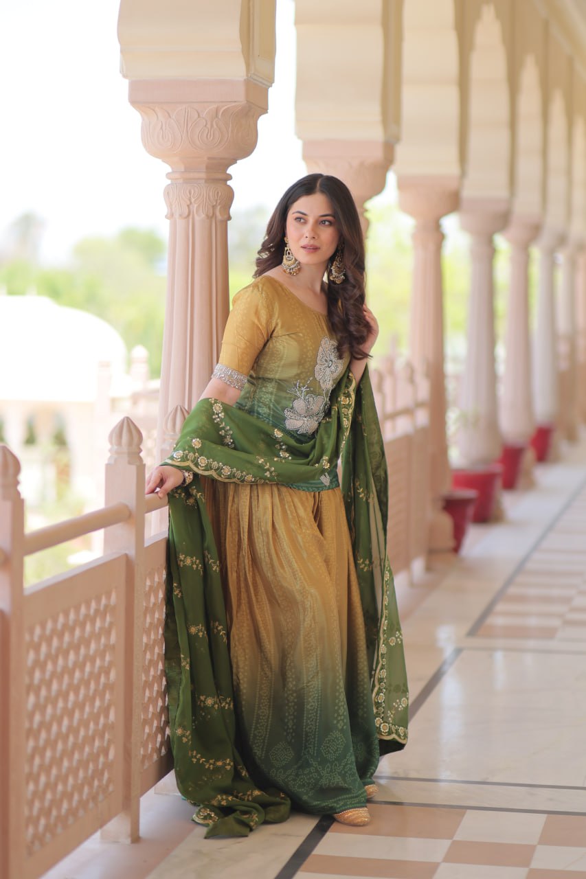 Jyoti Fashion Women's Green Chinon Beads Embroidered Sharara Set with Dupatta | Swadesiicart