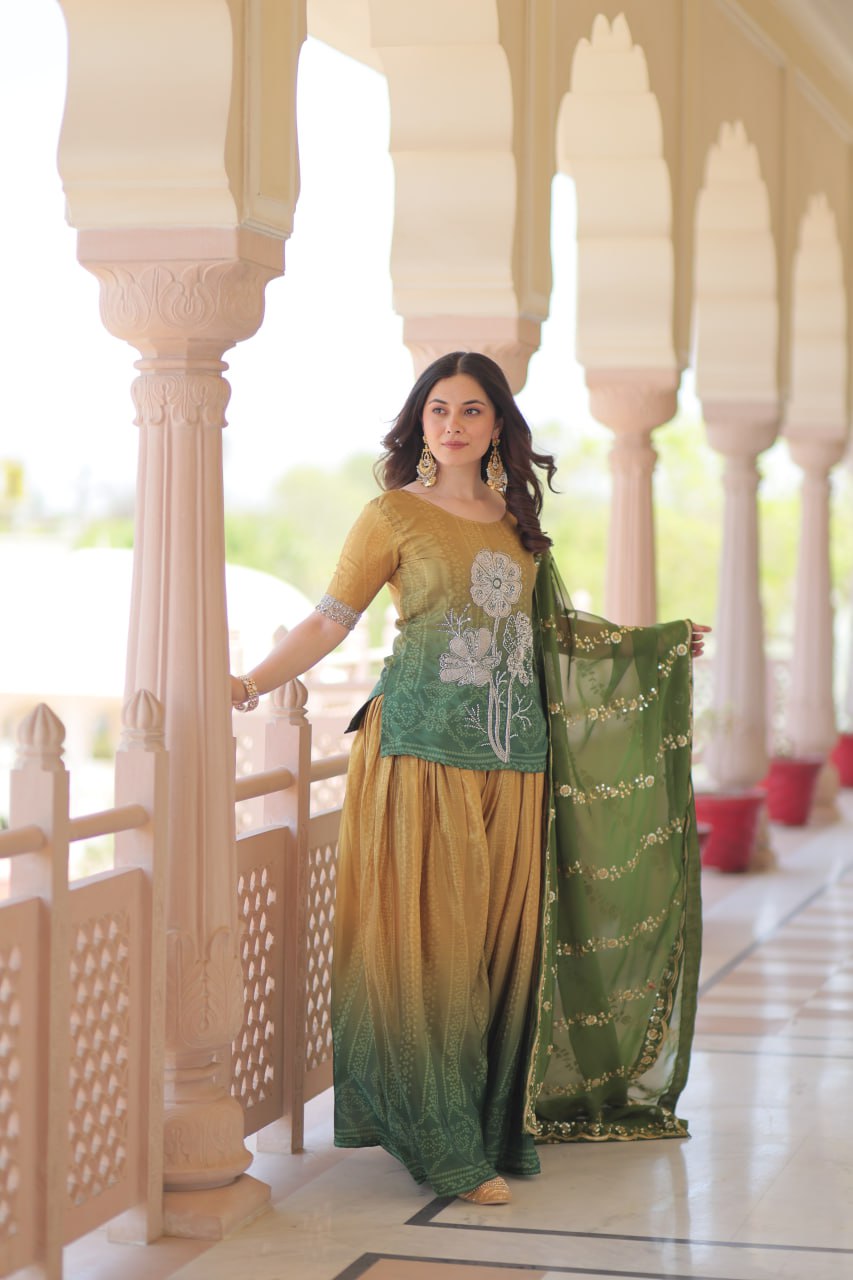 Jyoti Fashion Women's Green Chinon Beads Embroidered Sharara Set with Dupatta | Swadesiicart