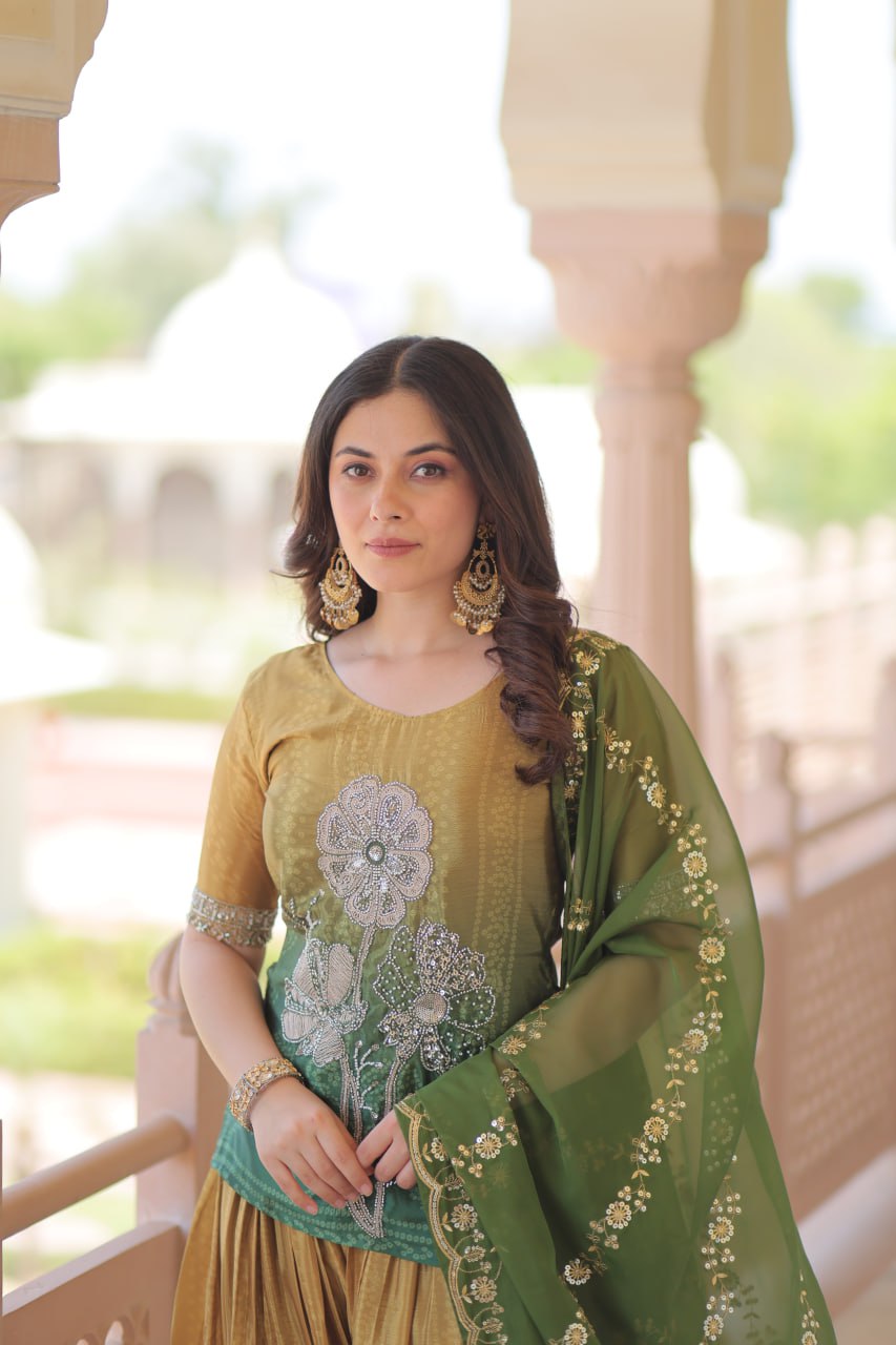 Jyoti Fashion Women's Green Chinon Beads Embroidered Sharara Set with Dupatta | Swadesiicart