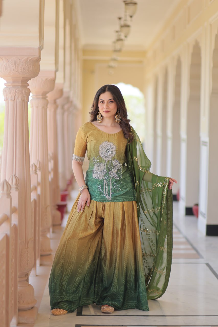 Jyoti Fashion Women's Green Chinon Beads Embroidered Sharara Set with Dupatta | Swadesiicart
