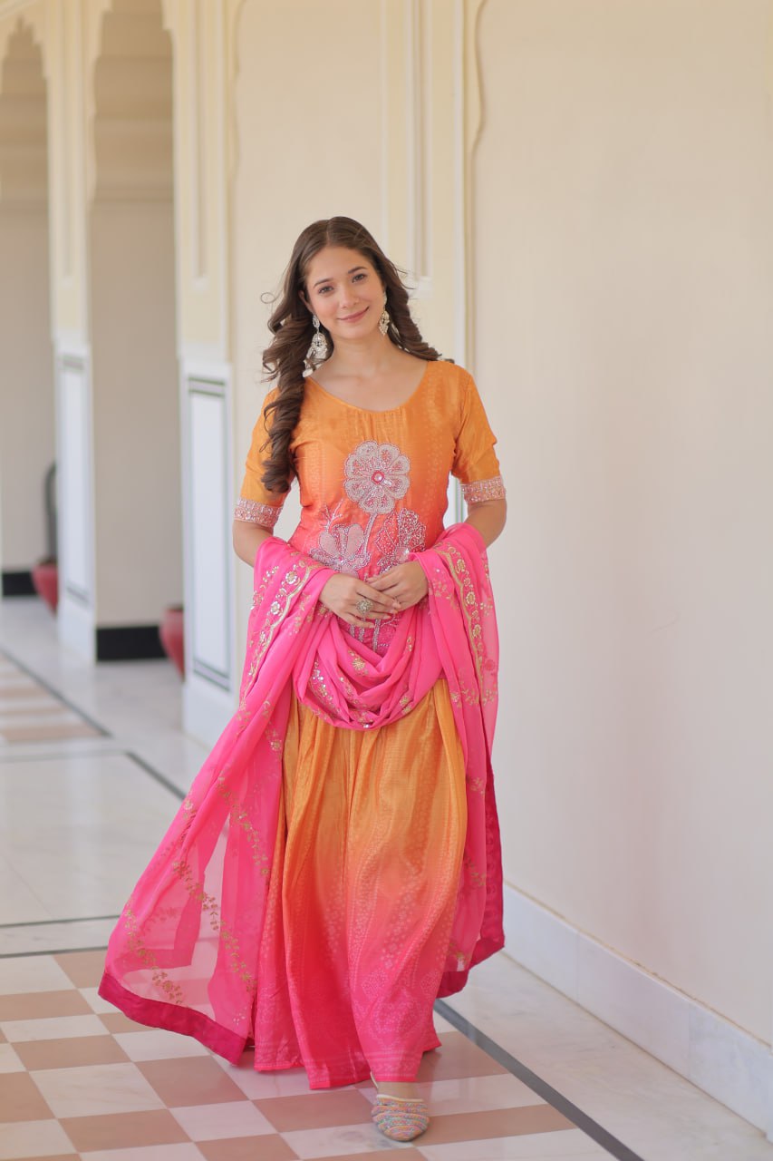 Jyoti Fashion Women's Pink Chinon Beads Embroidered Sharara Set with Dupatta | Swadesiicart