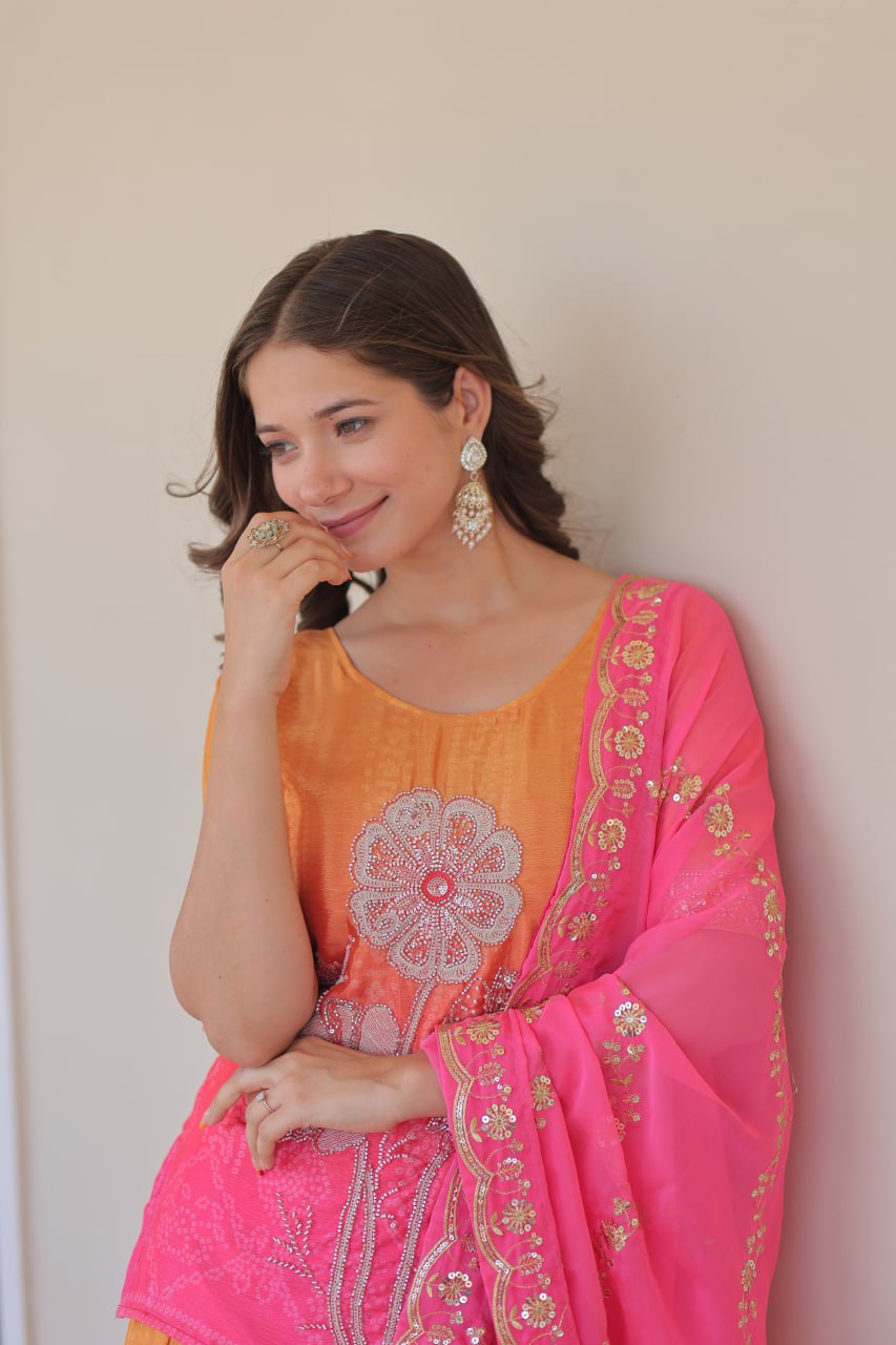 Jyoti Fashion Women's Pink Chinon Beads Embroidered Sharara Set with Dupatta | Swadesiicart
