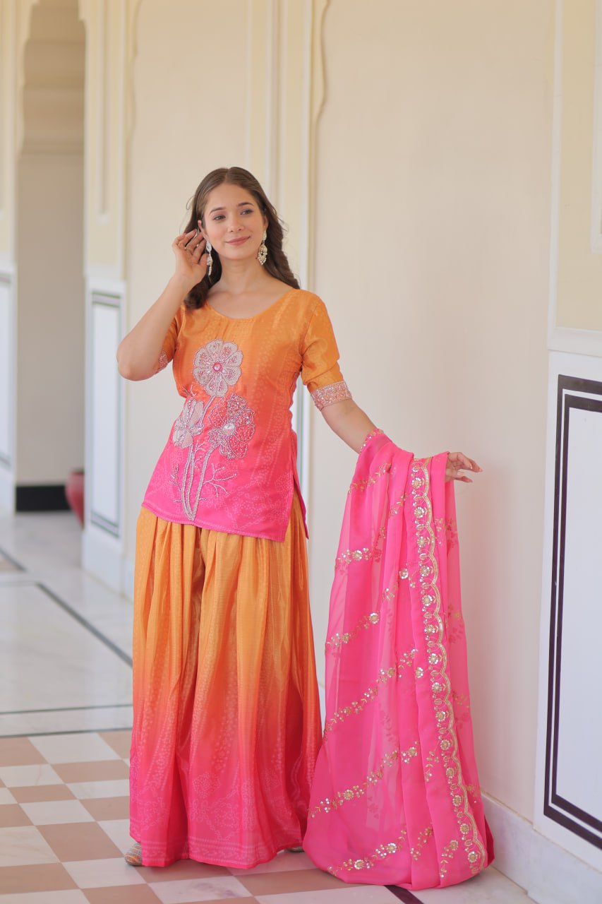 Jyoti Fashion Women's Pink Chinon Beads Embroidered Sharara Set with Dupatta | Swadesiicart