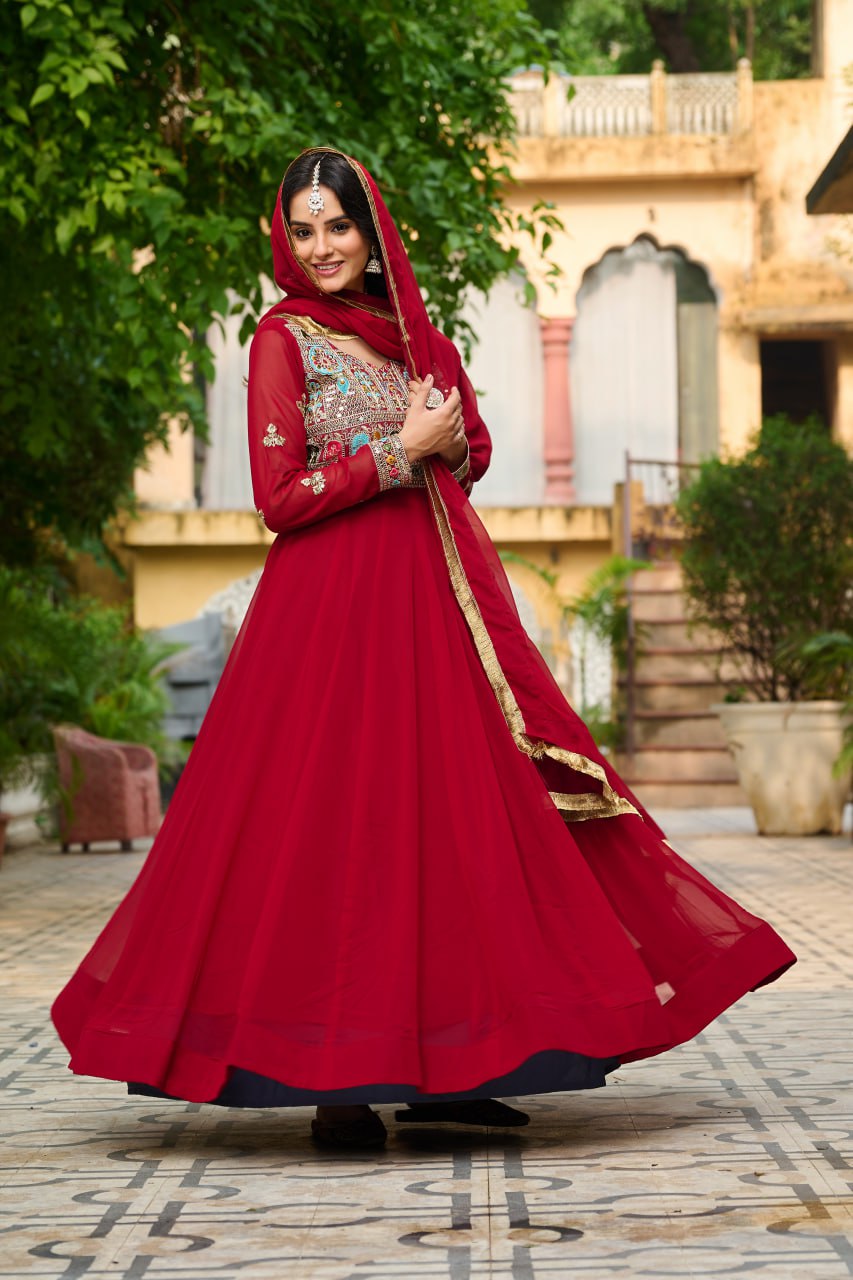 Jyoti Fashion Women's Maroon Faux Blooming Sequins with Thread Embroidered Anarkali Set With Dupatta | Swadesiicart