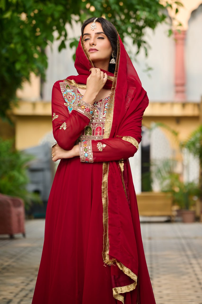 Jyoti Fashion Women's Maroon Faux Blooming Sequins with Thread Embroidered Anarkali Set With Dupatta | Swadesiicart