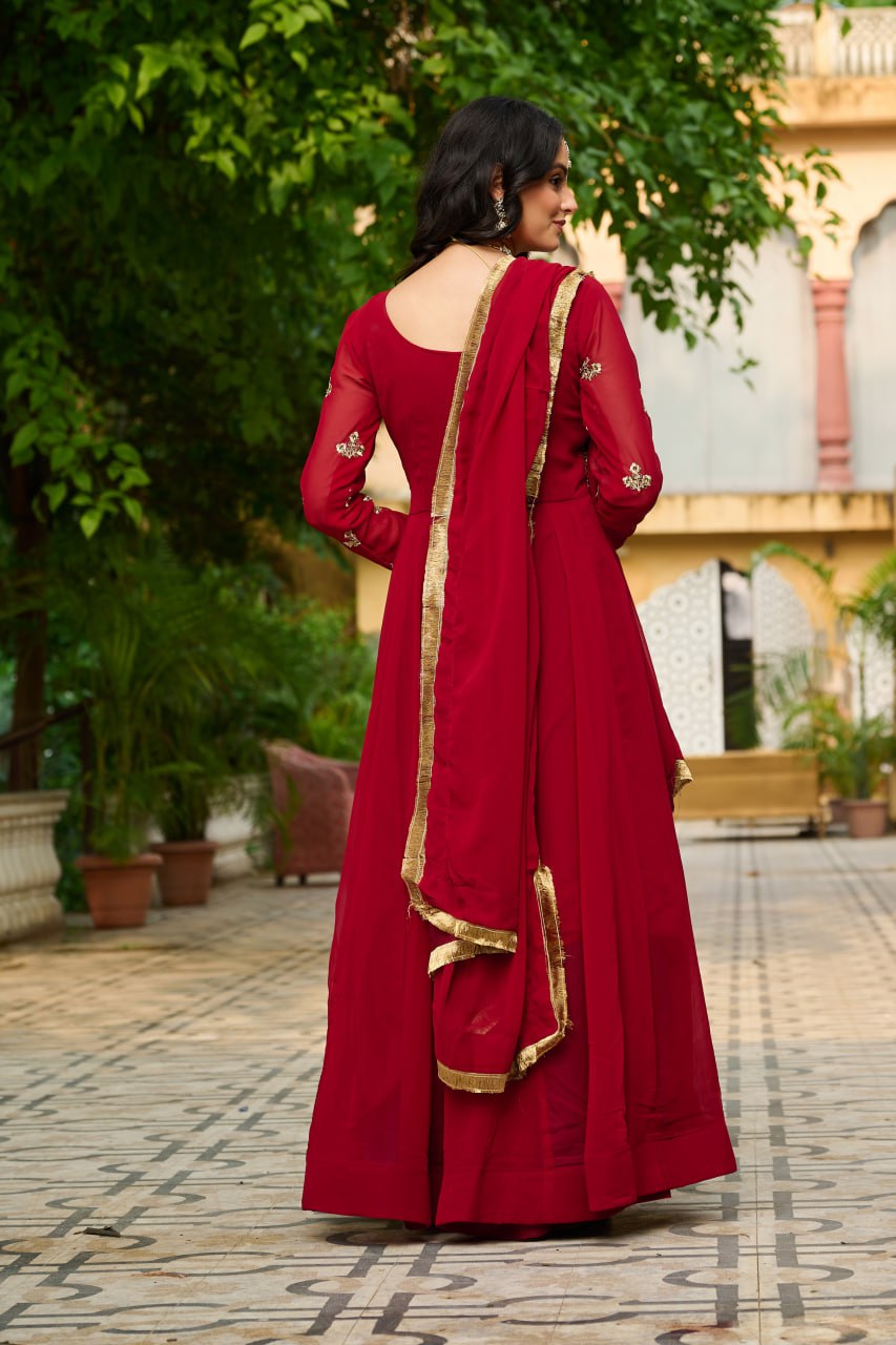 Jyoti Fashion Women's Maroon Faux Blooming Sequins with Thread Embroidered Anarkali Set With Dupatta | Swadesiicart