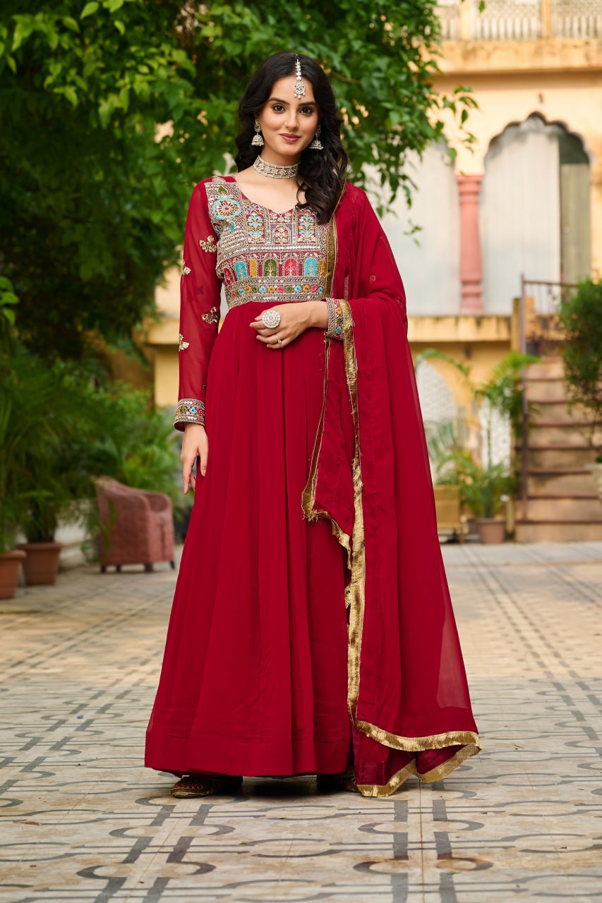 Jyoti Fashion Women's Maroon Faux Blooming Sequins with Thread Embroidered Anarkali Set With Dupatta | Swadesiicart