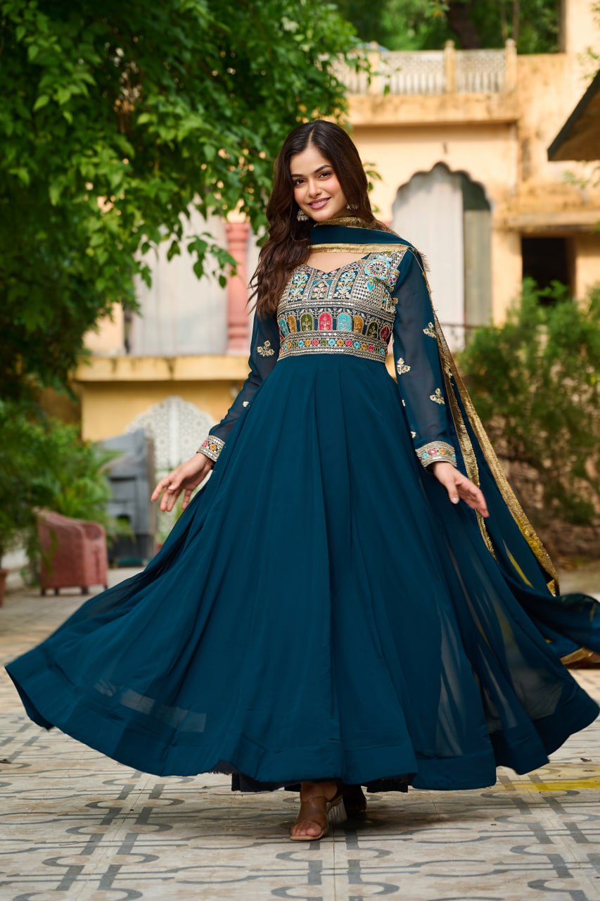 Jyoti Fashion Women's Teal Faux Blooming Sequins with Thread Embroidered Anarkali Set With Dupatta | Swadesiicart