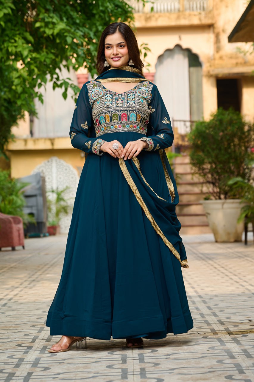 Jyoti Fashion Women's Teal Faux Blooming Sequins with Thread Embroidered Anarkali Set With Dupatta | Swadesiicart