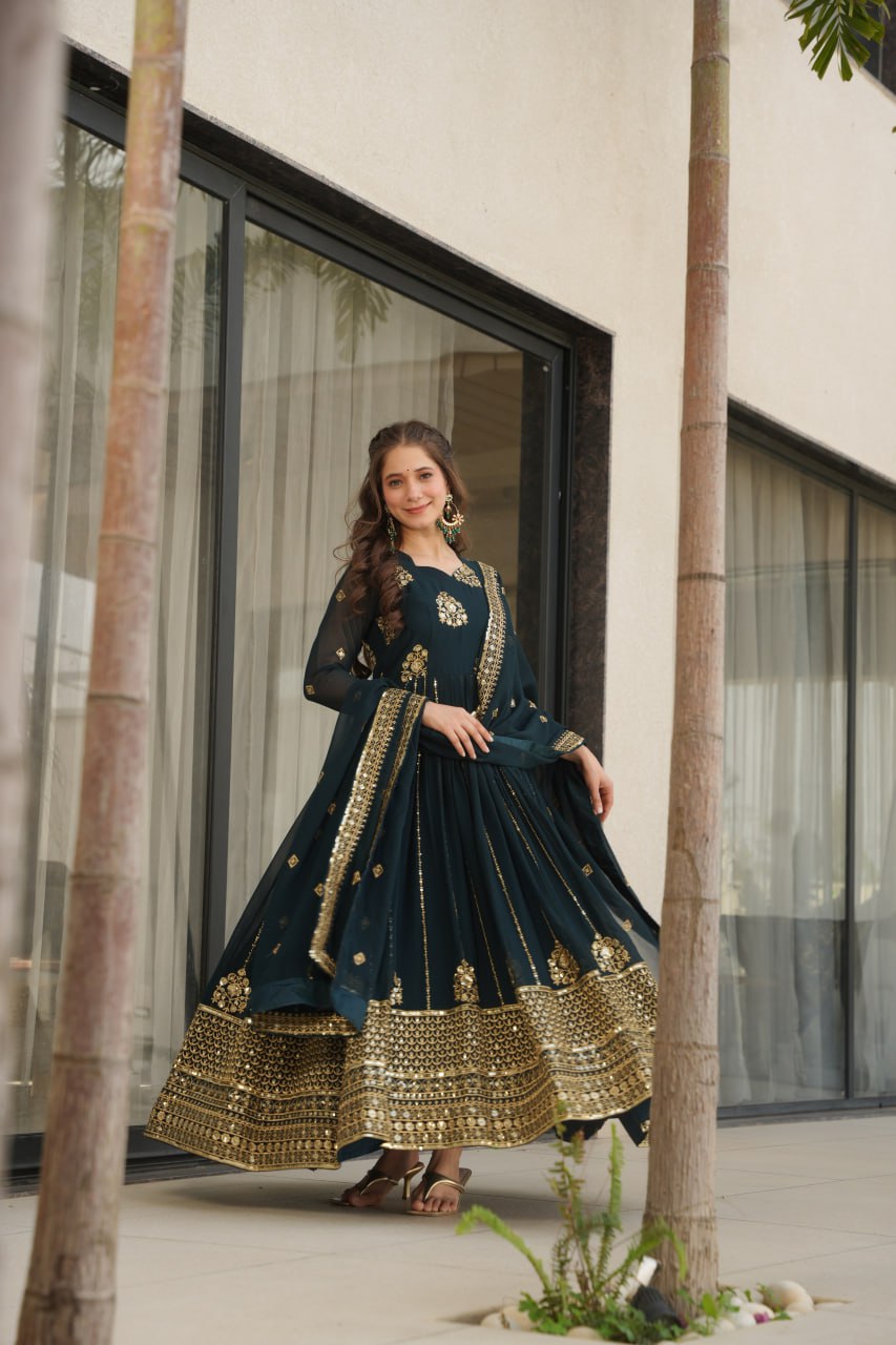 Jyoti Fashion Women's Teal Faux Blooming Zari & Sequins Embroidered Anarkali Set With Dupatta | Swadesiicart